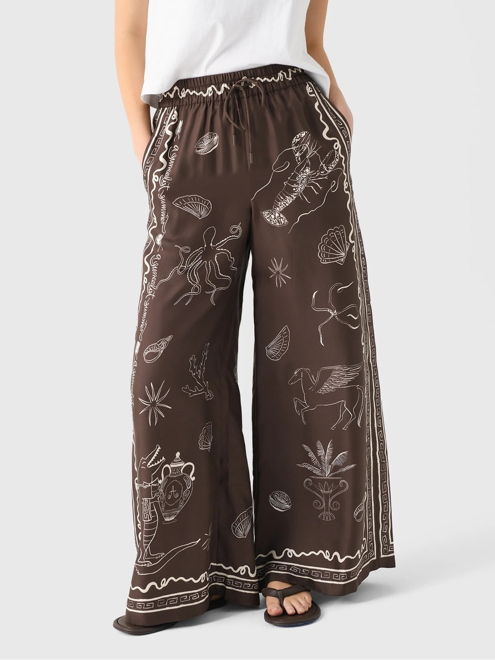 ALÉMAIS Brown Silk Printed Wide Leg Pants Size US 2 - Picture 3 of 14